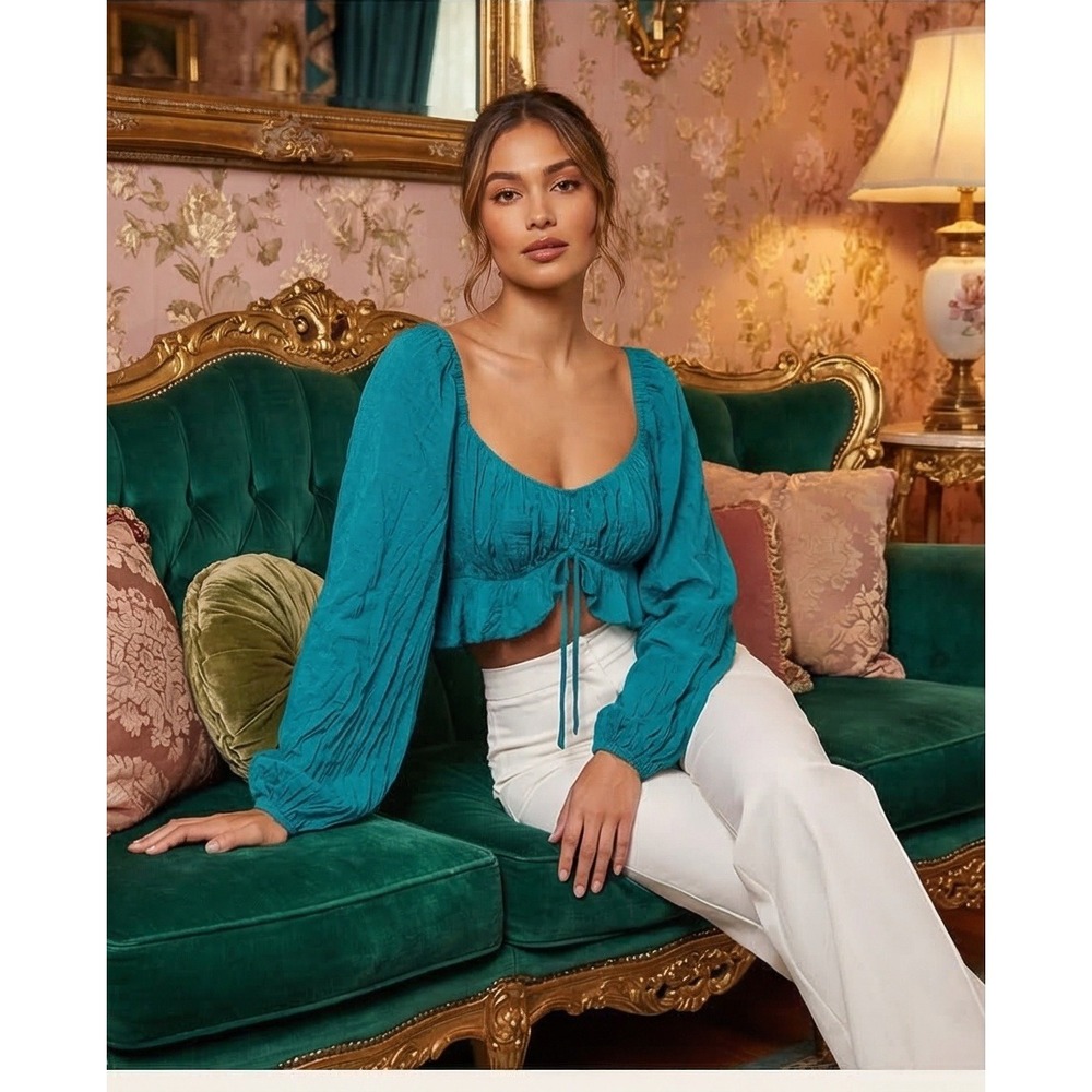 Majorelle‎ S Teal Swiss Dot Long Sleeve Crop Top Smocked Back Womens Small Fairy